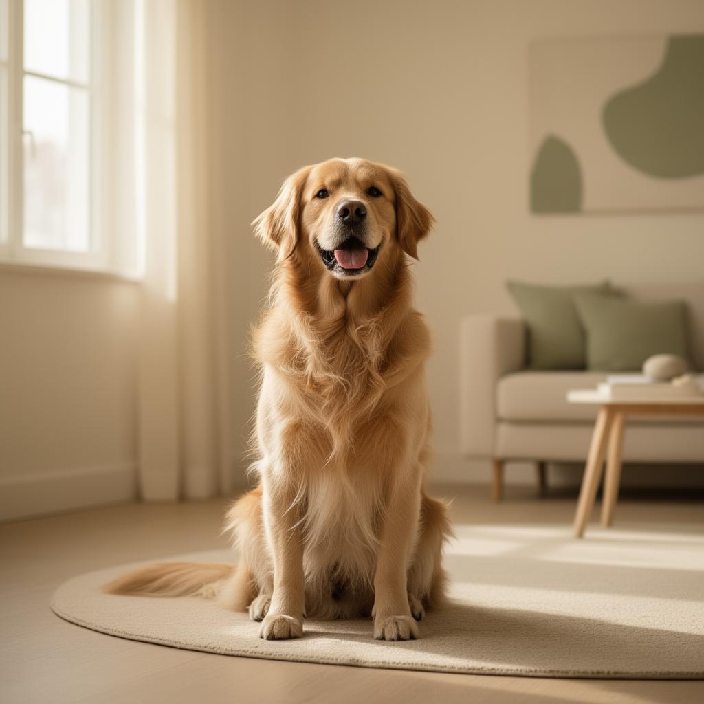 Glad hund i hyggeligt skandinavisk hjem